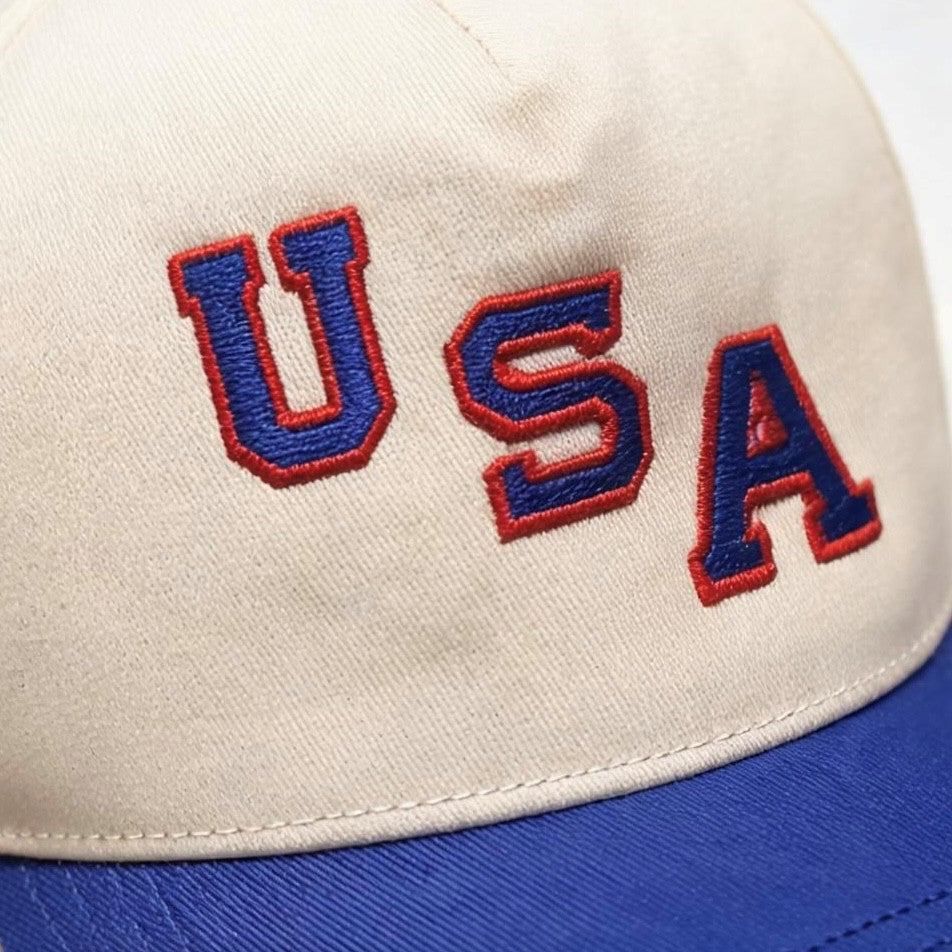 USA Two-Tone Baseball Cap — Vintage Red & Blue Lettering