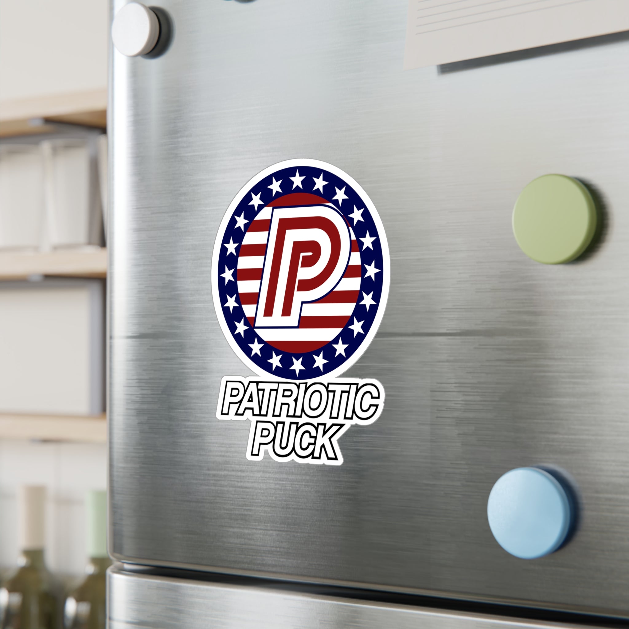 Patriotic Puck Kiss-Cut Vinyl Sticker — American Flag Hockey Logo Decal