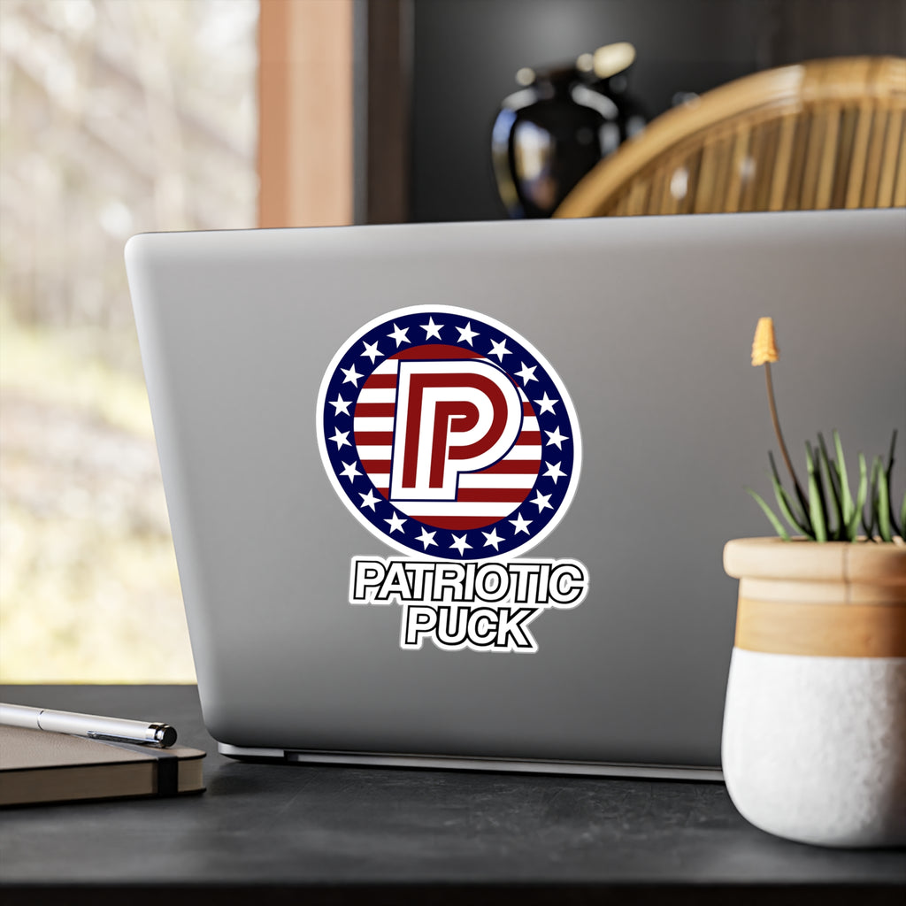 Patriotic Puck Kiss-Cut Vinyl Sticker — American Flag Hockey Logo Decal
