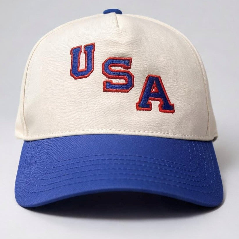 USA Two-Tone Baseball Cap — Vintage Red & Blue Lettering