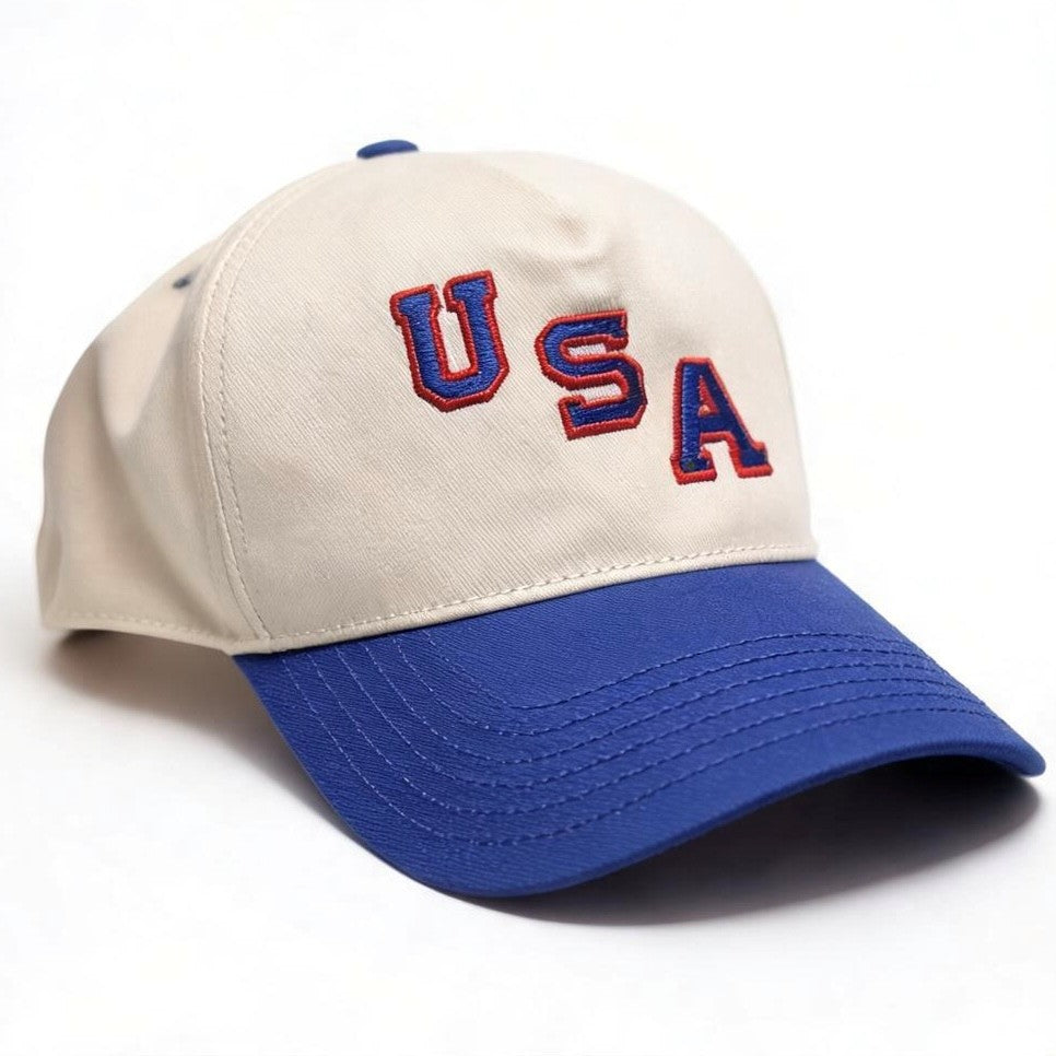 USA Two-Tone Baseball Cap — Vintage Red & Blue Lettering