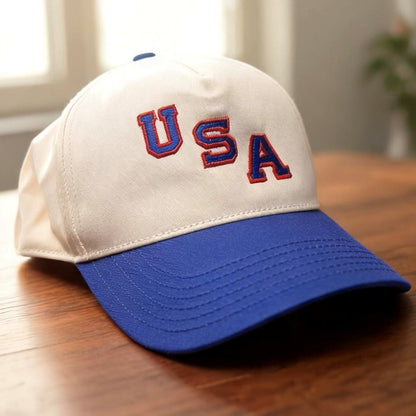 USA Two-Tone Baseball Cap — Vintage Red & Blue Lettering