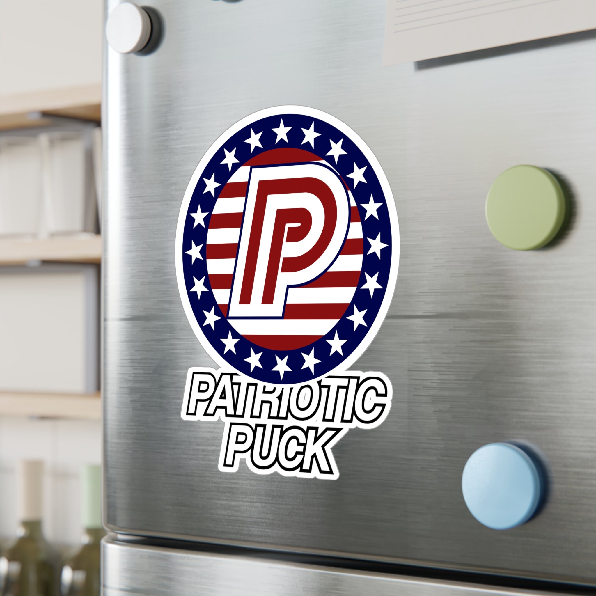Patriotic Puck Kiss-Cut Vinyl Sticker — American Flag Hockey Logo Decal