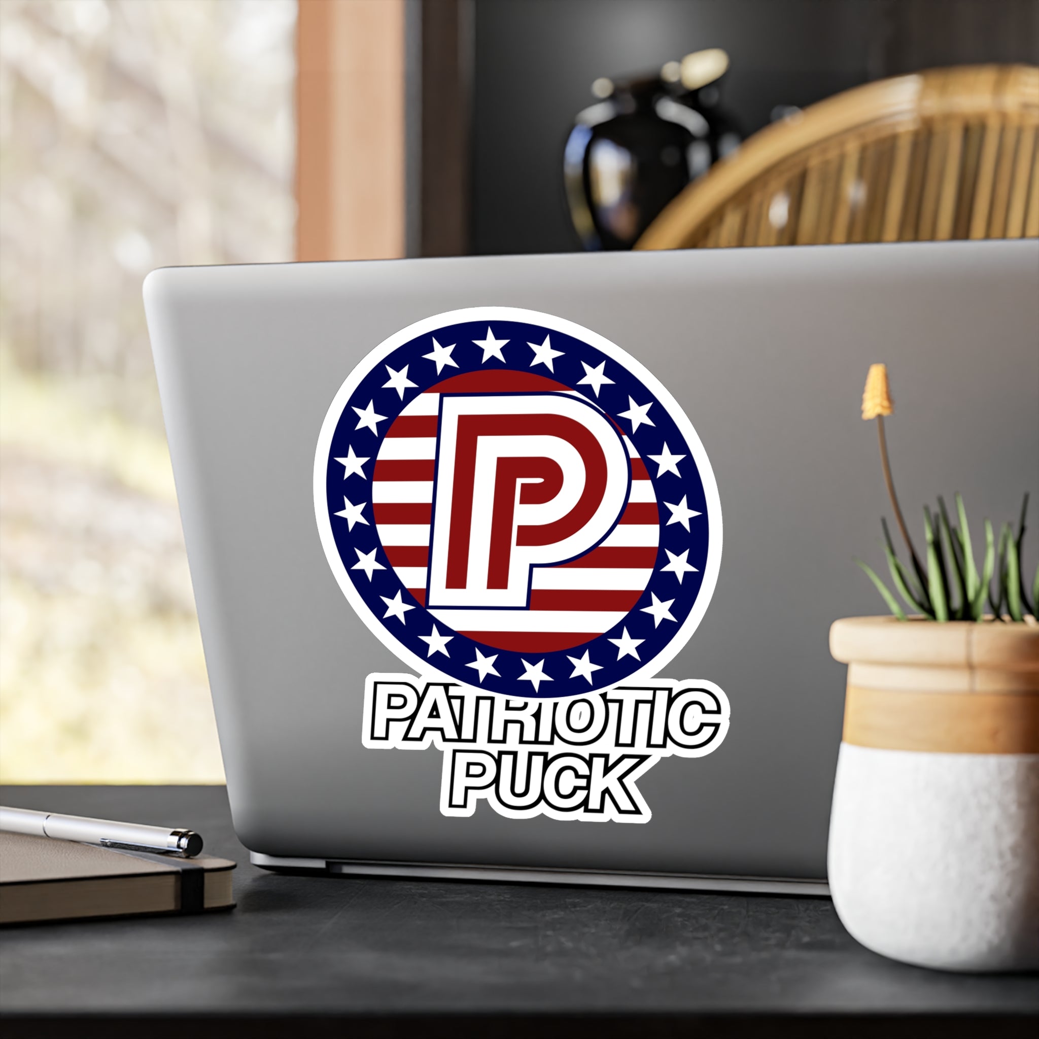Patriotic Puck Kiss-Cut Vinyl Sticker — American Flag Hockey Logo Decal